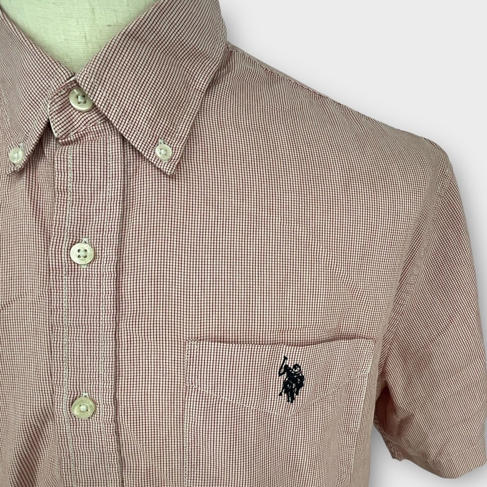US Polo Assn Mens Short Sleeve Button Down Shirt Red White Gingham Stretch Sz L